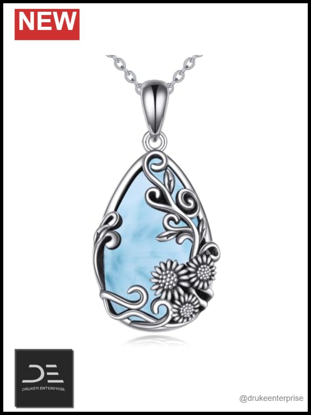 925 Sterling Silver Sunflower Filigree Teardrop Pendant Necklace